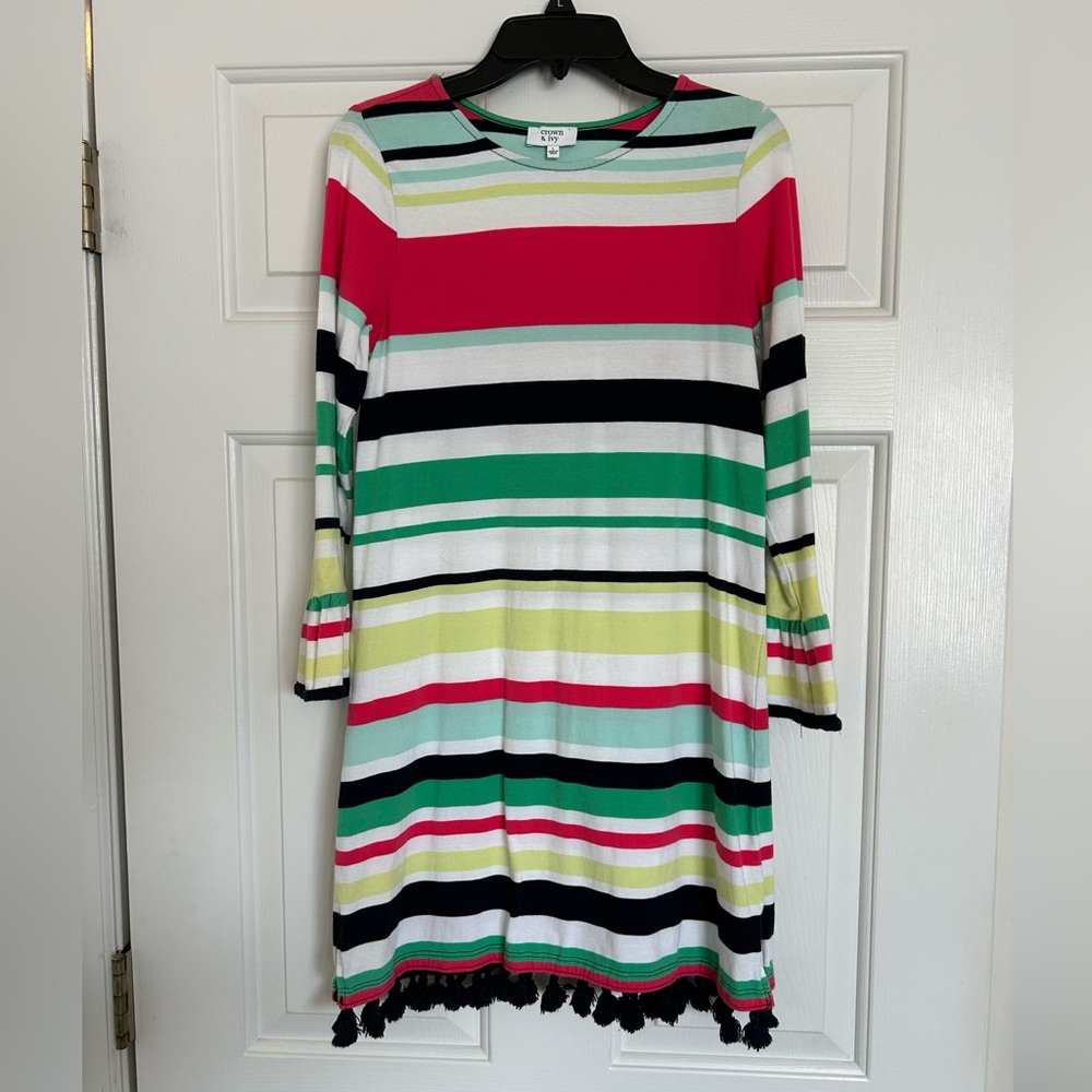 Crown & Ivy multi-color stripes with navy Pom Pom detail around hem.